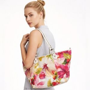 Maurizio Taiuti Floral Print Leather White Trim Shoulder Bag Tote